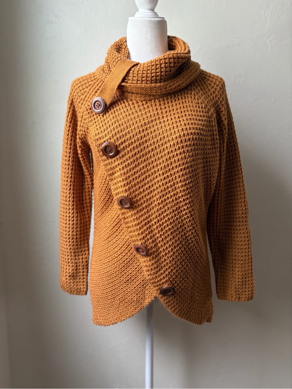 Grecerelle Mustard Waffle Knit Asymmetrical Button Cowl Neck Sweater S